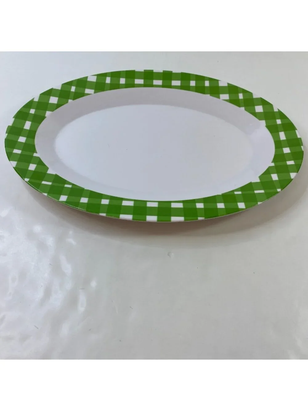Oval Melamine Summer Serving Platter Green White Checkerboard Pattern